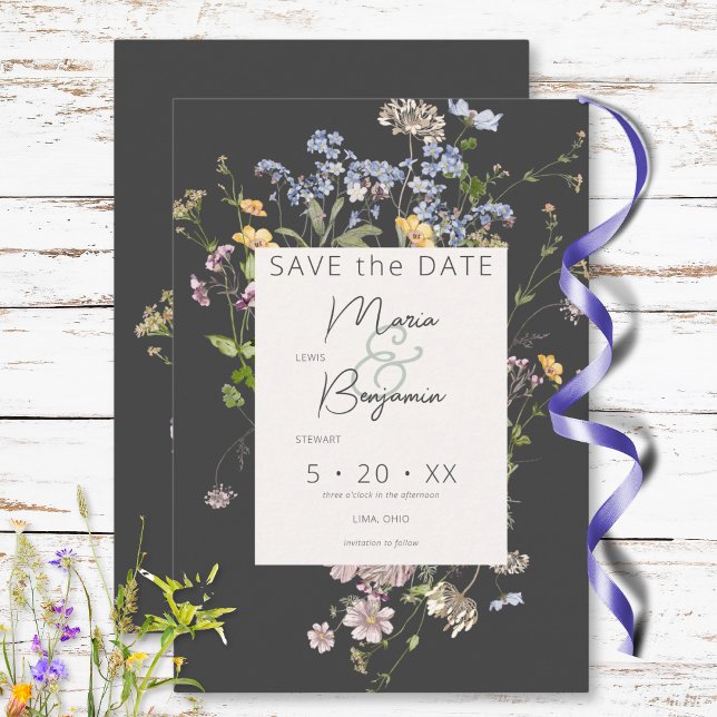 Delikat Boho Wildblommor Charcol Bröllop Spara Datumet (Delicate Boho Wildflowers Charcoal Wedding Save The Date)