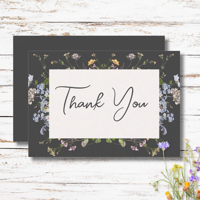 Delikat Boho Wildblommor Charcol Bröllop Tack Kort (Delicate Boho Wildflowers Charcoal Wedding Thank You Card)