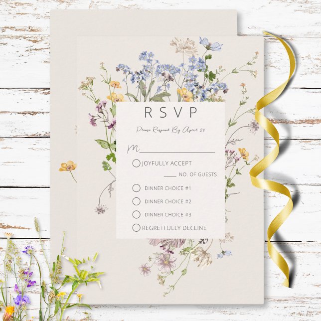 Delikat Boho Wildblommor Cream Tremiddag OSA Kort (Delicate Boho Wildflowers Cream Three Dinner RSVP Card)