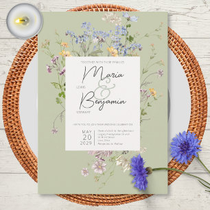 Delikat Boho Wildblommor Grönt Bröllop Inbjudningar