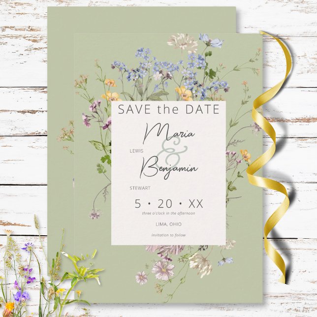 Delikat Boho Wildblommor Grönt Bröllop Spara Datumet (Delicate Boho Wildflowers Green Wedding Save The Date)