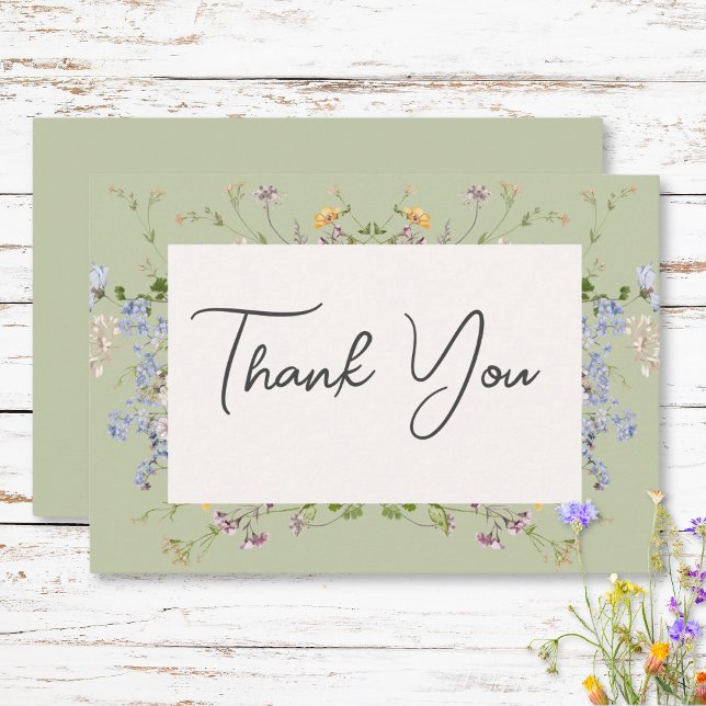 Delikat Boho Wildblommor Grönt Bröllop Tack Kort (Delicate Boho Wildflowers Green Wedding Thank You Card)