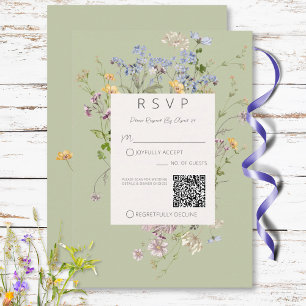 Delikat Boho Wildblommor Grönt QR Code Bröllop OSA Kort