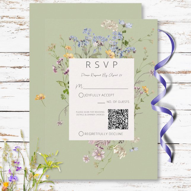 Delikat Boho Wildblommor Grönt QR Code Bröllop OSA Kort (Delicate Boho Wildflowers Green QR Code Wedding RSVP Card)
