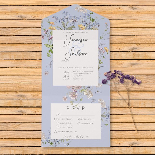 Delikat Boho Wildblommor Periwinkle Middag (Delicate Boho Wildflowers Periwinkle Dinner All In One Invitation)