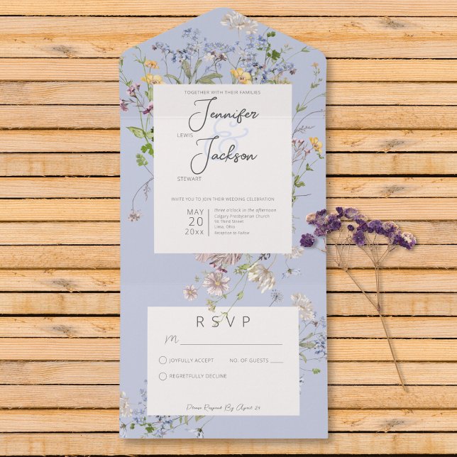 Delikat Boho Wildblommor Periwinkle No Middag (Delicate Boho Wildflowers Periwinkle No Dinner All In One Invitation)