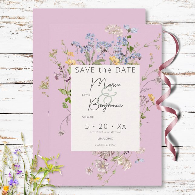 Delikat Boho Wildblommor Rosa Bröllop Spara Datumet (Delicate Boho Wildflowers Pink Wedding Save The Date)
