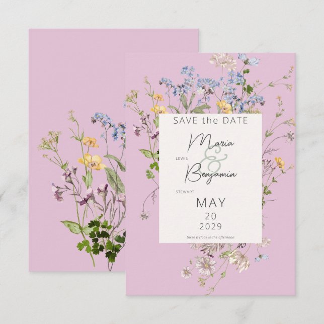Delikat Boho Wildblommor Rosa Bröllop Spara Datumet (Fram/baksida)