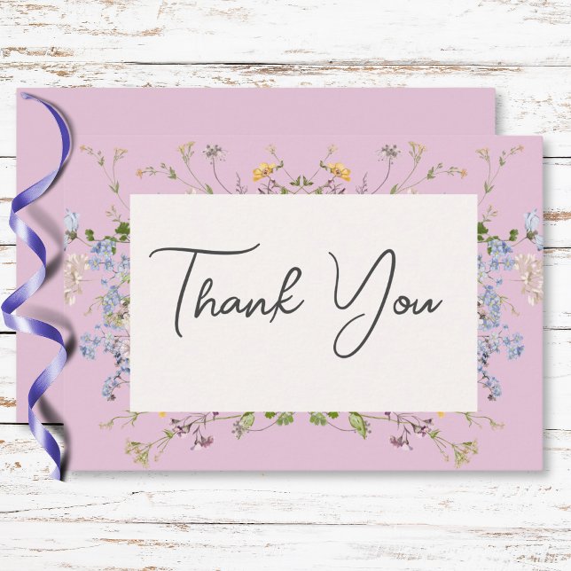 Delikat Boho Wildblommor Rosa Bröllop Tack Kort (Delicate Boho Wildflowers Pink Wedding Thank You Card)