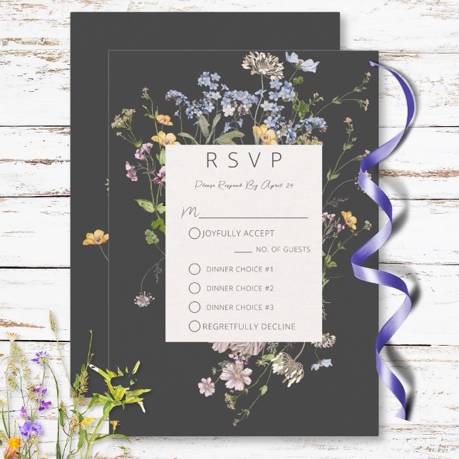 Delikat Boho Wildblommor Tunnelkodsmiddag OSA Kort (Delicate Boho Wildflowers Charcoal Three Dinner RSVP Card)