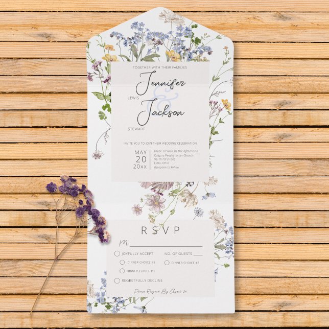 Delikat Boho Wildblommor White Midinner (Delicate Boho Wildflowers White Dinner All In One Invitation)