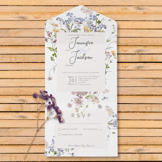 Delikat Boho Wildblommor White No Dinner (Delicate Boho Wildflowers White No Dinner All In One Invitation)