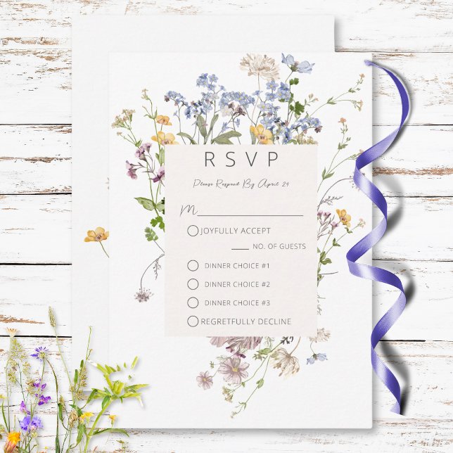 Delikat Boho Wildblommor White Tre Middag OSA Kort (Delicate Boho Wildflowers White Three Dinner RSVP Card)