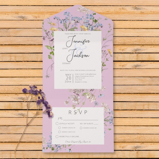 Delikat Boho Wildblommors Rosa Middag (Delicate Boho Wildflowers Pink Dinner All In One Invitation)