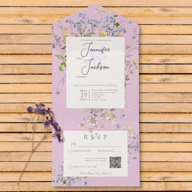 Delikat Boho Wildblommors Rosa QR-kod (Delicate Boho Wildflowers Pink QR Code All In One Invitation)