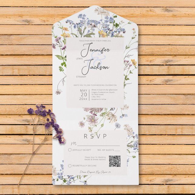 Delikat Boho WildblommWhite QR-kod (Delicate Boho Wildflowers White QR Code All In One Invitation)