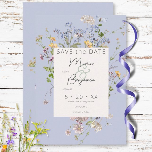 Delikat Boho WildblomPeriwinkle Bröllop Spara Datumet (Delicate Boho Wildflowers Periwinkle Wedding Save The Date)
