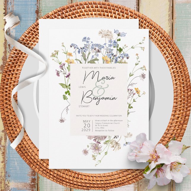 Delikat Boho Wildbloms White Wedding-inbjudan Inbjudningar (Skapare uppladdad)
