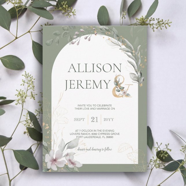 Delikat botaniskt Grönt Sage Arch bröllopsinbjudan Inbjudningar (botanical sage green gold arch wedding invite)