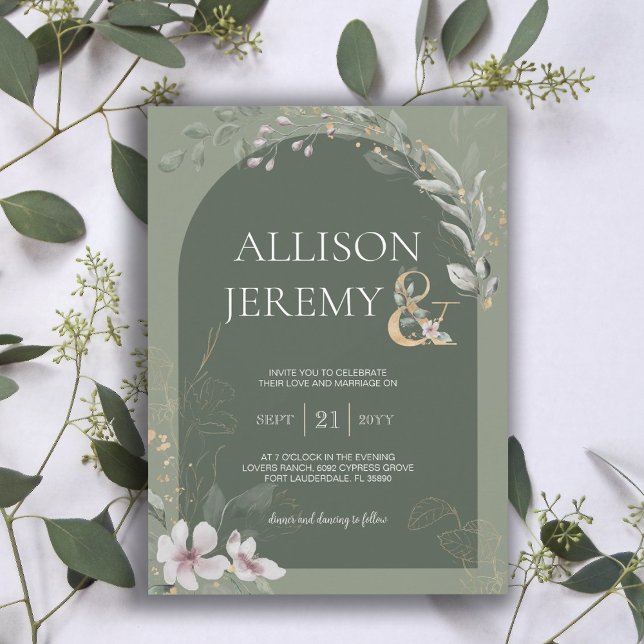 Delikat botaniskt Grönt Sage Arch bröllopsinbjudan Inbjudningar (elegant arch botanical sage green photo wedding invitation)