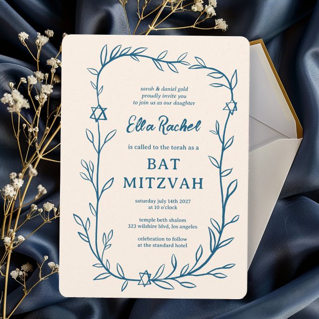 Delikat botaniskt stjärnor på David Pub Bat mitzva Inbjudningar (Delicate Botanical Star of David Bar Bat Mitzvah Invitation
)