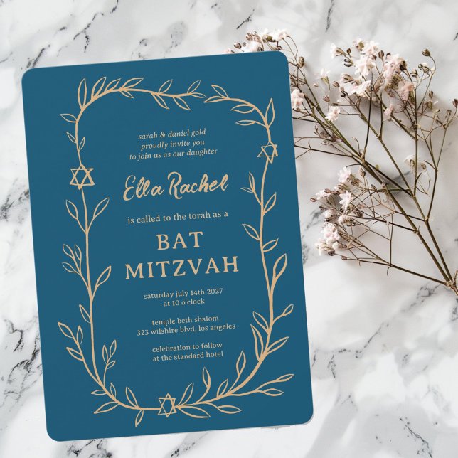 Delikat botaniskt stjärnor på David Pub Bat mitzva Inbjudningar (Delicate Botanical Star of David Bar Bat Mitzvah Modern Girl Invitation
)
