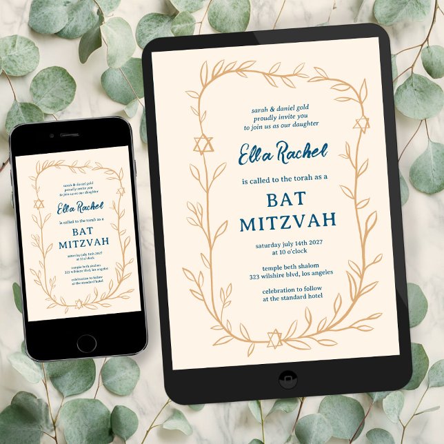 Delikat botaniskt stjärnor på David Pub Bat mitzva Inbjudningar (Delicate Botanical Star of David Bar Bat Mitzvah Dital DOwnload evite email Invitation
)