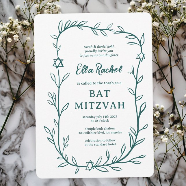 Delikat botaniskt stjärnor på David Pub Bat mitzva Inbjudningar (Delicate Botanical Star of David Bar Bat Mitzvah Invitation
Green White Hand Drawn Sketch Doodle)