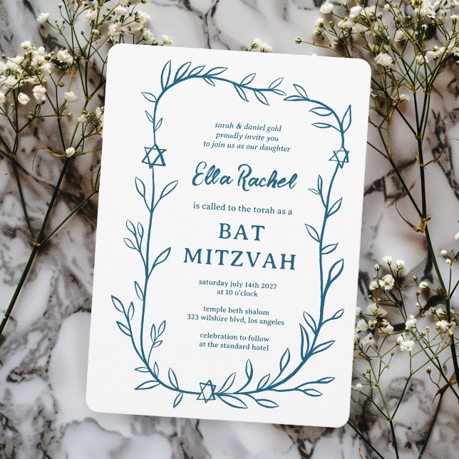 Delikat botaniskt stjärnor på David Pub Bat mitzva Inbjudningar (Delicate Botanical Star of David Bar Bat Mitzvah Invitation Elegant Trendy BLue White Hand Drawn
)