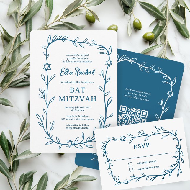 Delikat botaniskt stjärnor på David Pub Bat mitzva OSA Kort (Delicate Botanical Star of David Bar Bat Mitzvah RSVP Card
)