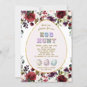 Delikat Burgundy Flowers Guld Egg Hunt Påsk Inbjudningar