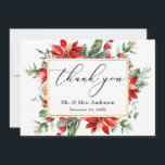 Delikat Calligraphy Poinsettia Greenery Bröllop Tack Kort<br><div class="desc">Modern Elegant Vacker delikat Kalligrafi-plattkort för Bröllop omfattar röda poinsettias,  eukalyptus löv,  gräs-koner,  gräs-nål,  bomull,  hollybär och andra vackra botaniska grejer på vintern. Guld Ram. Rödryggen.</div>