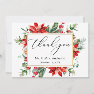 Delikat Calligraphy Poinsettia Greenery Bröllop Tack Kort