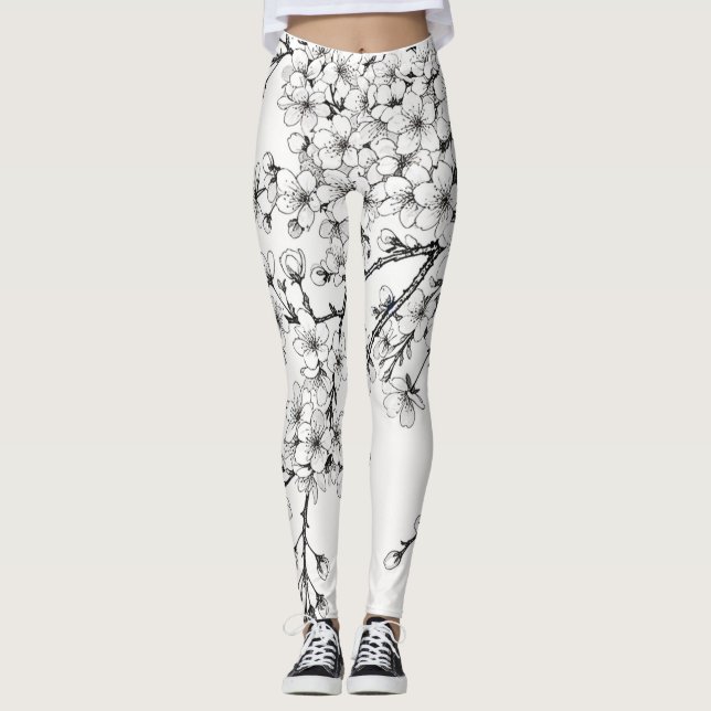 Delikat Cherry Blommar Art i Monokrome Leggings (Framsida)