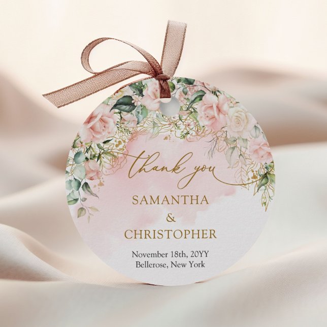 Delikat coquette rosa ros guld och Greenery Gåvor Etiketter (Delicate pastel pink roses greenery and gold wedding favor tag)