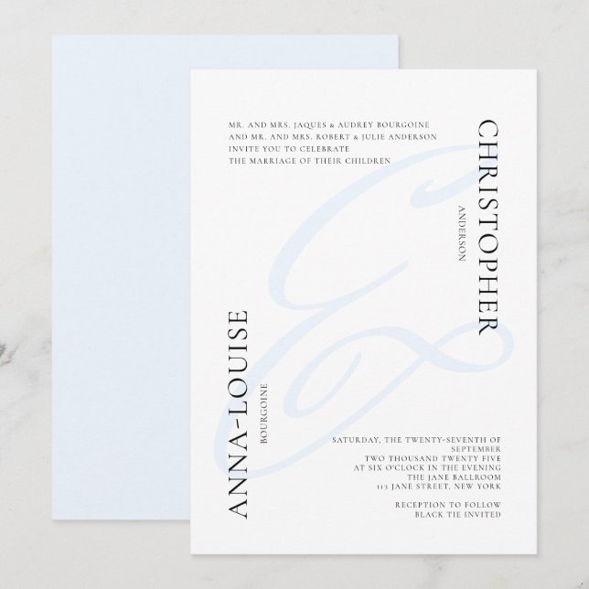 Delikat Forme Blue Calligraphy Ampersand Bröllop Inbjudningar (Fram/baksida)