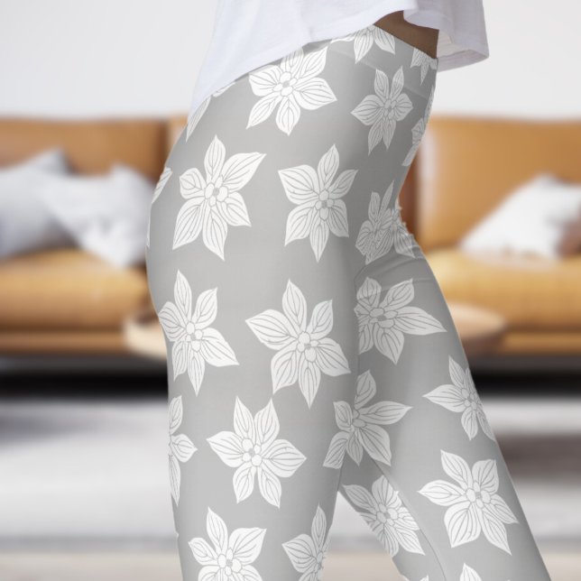 Delikat Grått Blommigt Bloom Mönster Leggings (Gray in Bloom)