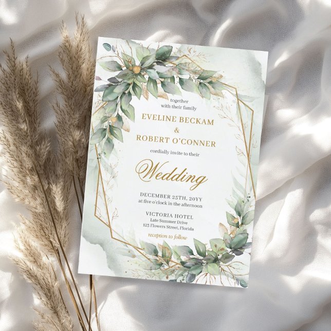 Delikat grönt eukalyptus och guld bröllop inbjudningar (Delicate green eucalyptus and gold wedding invitation)