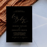 Delikat Guld Calligraphy Black La Boda De Bröllop Inbjudningar<br><div class="desc">Denna känsliga kalligrafi i guld,  svart la boda de bröllopsinbjudan,  är perfekt för ett modernt bröllop. Den romantiska minimalistiska designen har en vacker och elegant champagne gyllene gult-typografi på en svart bakgrund med ett rent och enkelt utseende.</div>