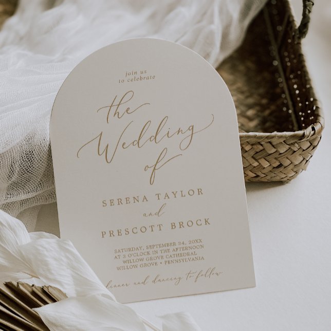 Delikat Guld Calligraphy Cream Boho Arch Bröllop Inbjudningar (Delicate Gold Calligraphy Cream Boho Arch Wedding Invitation)