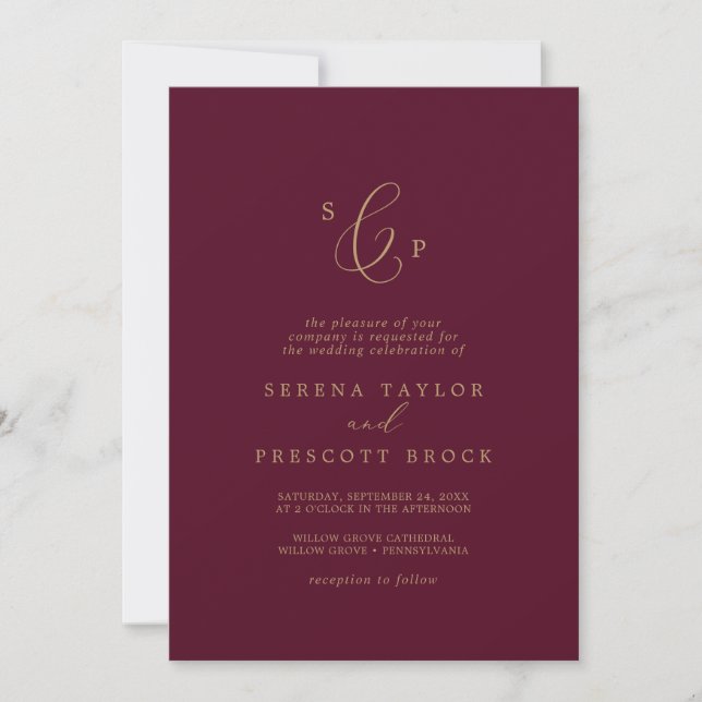Delikat Guld och Burgundy Formell Monogram Bröllop Inbjudningar (Framsida)