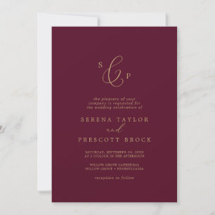 Delikat Guld och Burgundy Formell Monogram Bröllop Inbjudningar