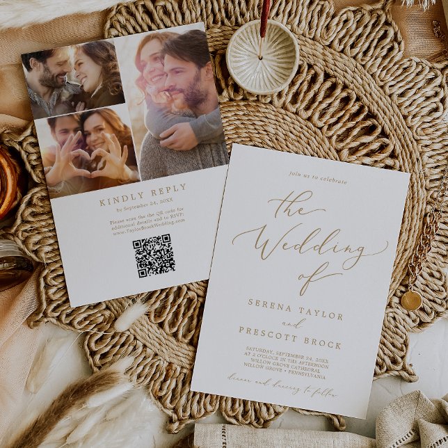 Delikat Guld Photo Collage QR-kod Bröllop Inbjudningar (Skapare uppladdad)