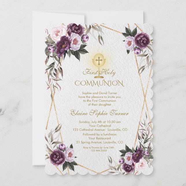 Delikat Lila Rosa Peony Flowers Heliga Communion Inbjudningar (Framsida)