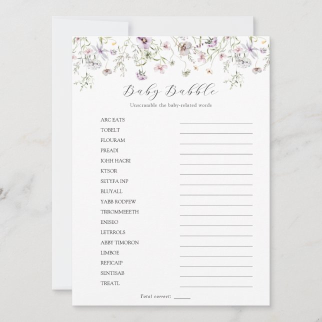 Delikat Lila Wildblomme Baby Babble Scramble Inbjudningar (Framsida)