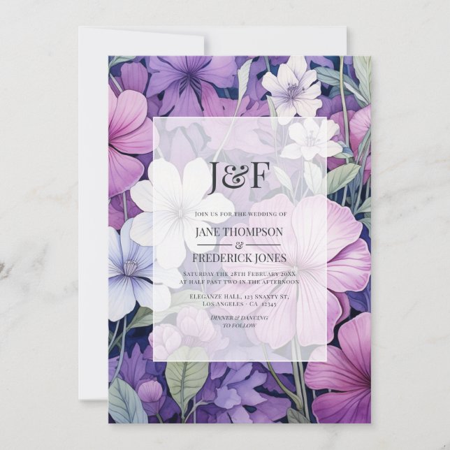 Delikat Lilac och Grått Blommigt Bröllop Monogram Inbjudningar (Framsida)