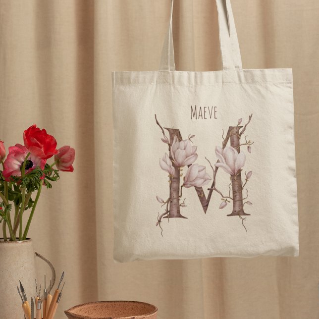 Delikat Magnolia Flowers Monogram 'M' anpassat nam Tygkasse (Skapare uppladdad)