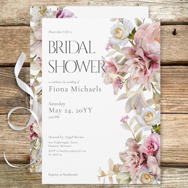 Delikat Modern Rosa ros & Lily Möhippa Inbjudningar (Delicate Modern Pink Rose & Lily Bridal Shower Invitation)