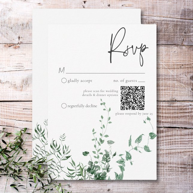 Delikat Modern Tropical Rainforest Foliage QR OSA Kort (Rustic Delicate Burgundy Rust Fall Leaves QR Code RSVP Card)