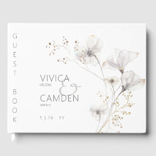 Delikat Modern White Grått och Guld Blommigt Bröll Gästböcker